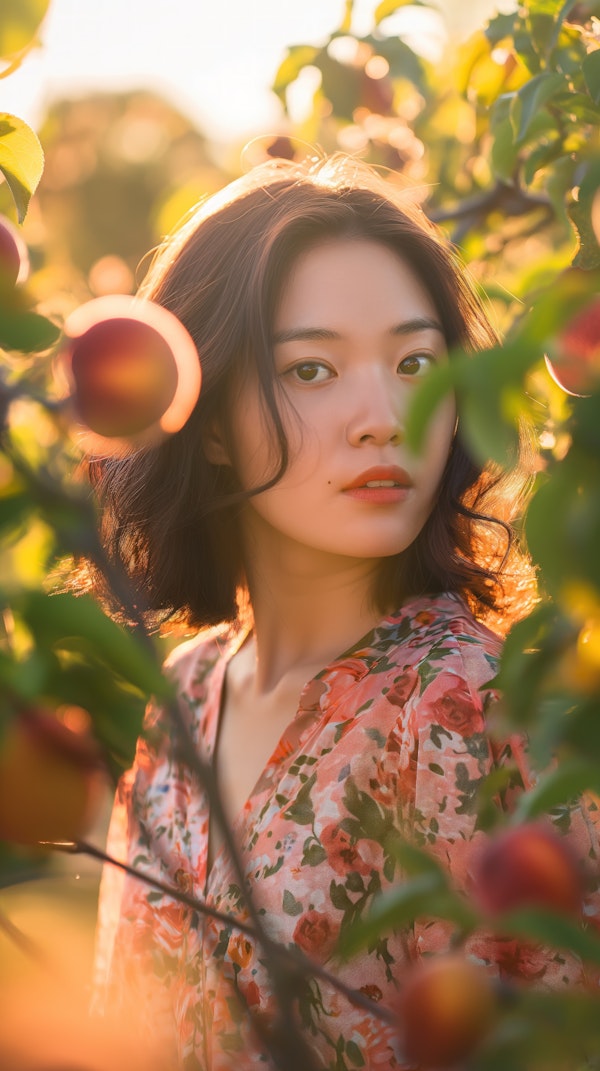 Serene Woman in Peach Orchard