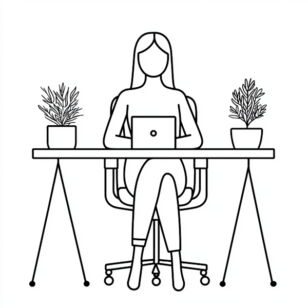 Minimalistic Line Drawing of Woman at Desk