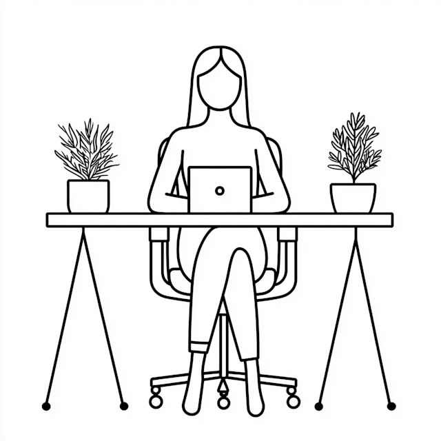 Minimalistic Line Drawing of Woman at Desk