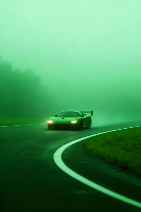Green Sports Car in Fog