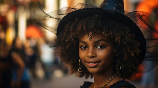 Joyful Girl in Witch Hat at Festive Event