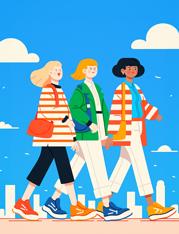 Three People Walking Against Blue Sky