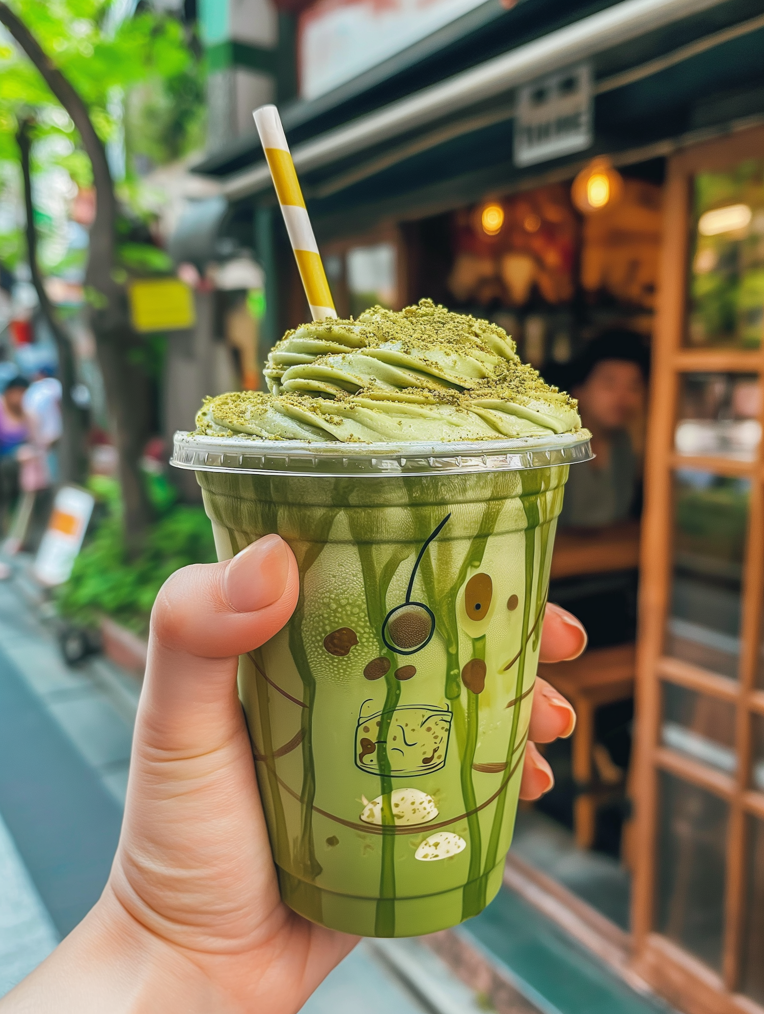 Matcha Drink in Hand Outdoor Setting