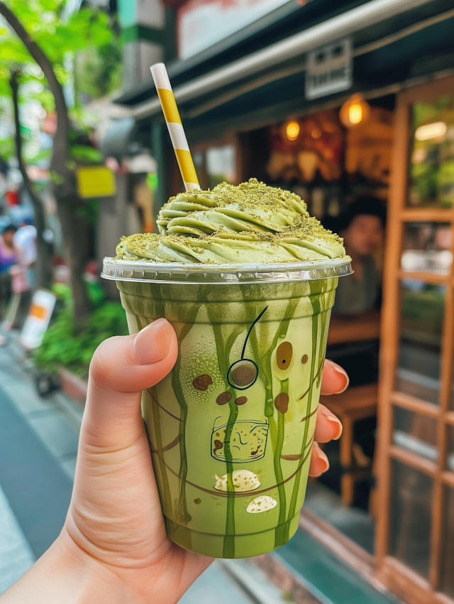 Matcha Drink in Hand Outdoor Setting