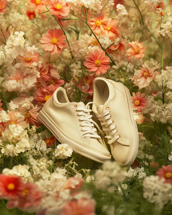 Sneakers on Floral Bed
