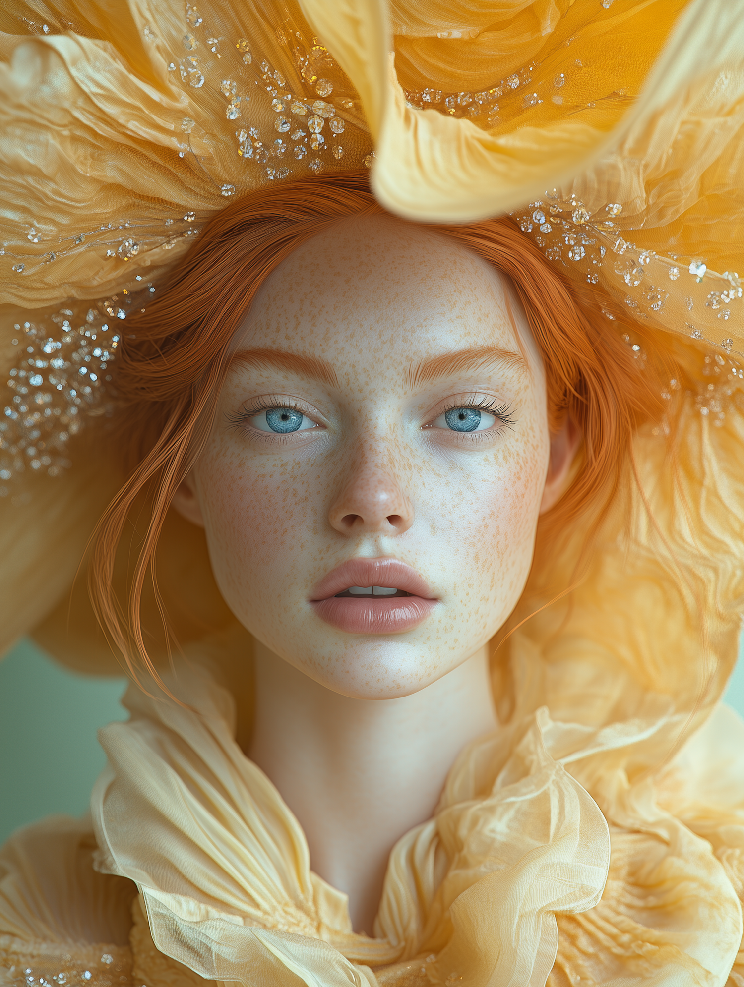 Ethereal Portrait with Blue Eyes and Yellow Fabric