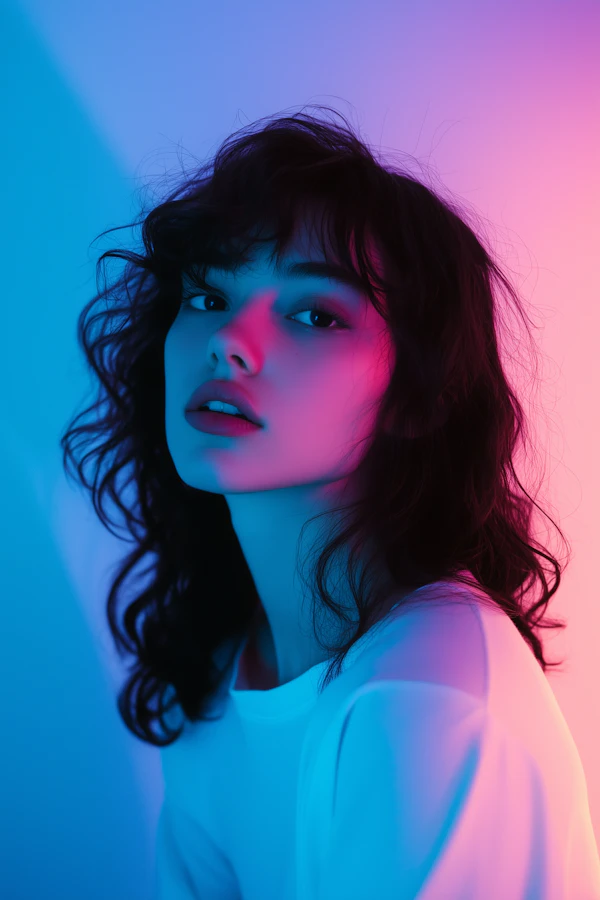 Contemplative Woman in Blue and Pink Light