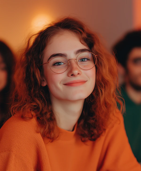 Young Person with Curly Red Hair and Glasses