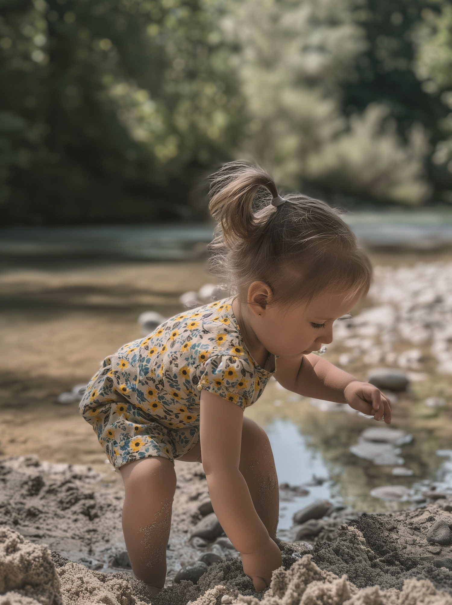 Toddler Playing at Riverbank