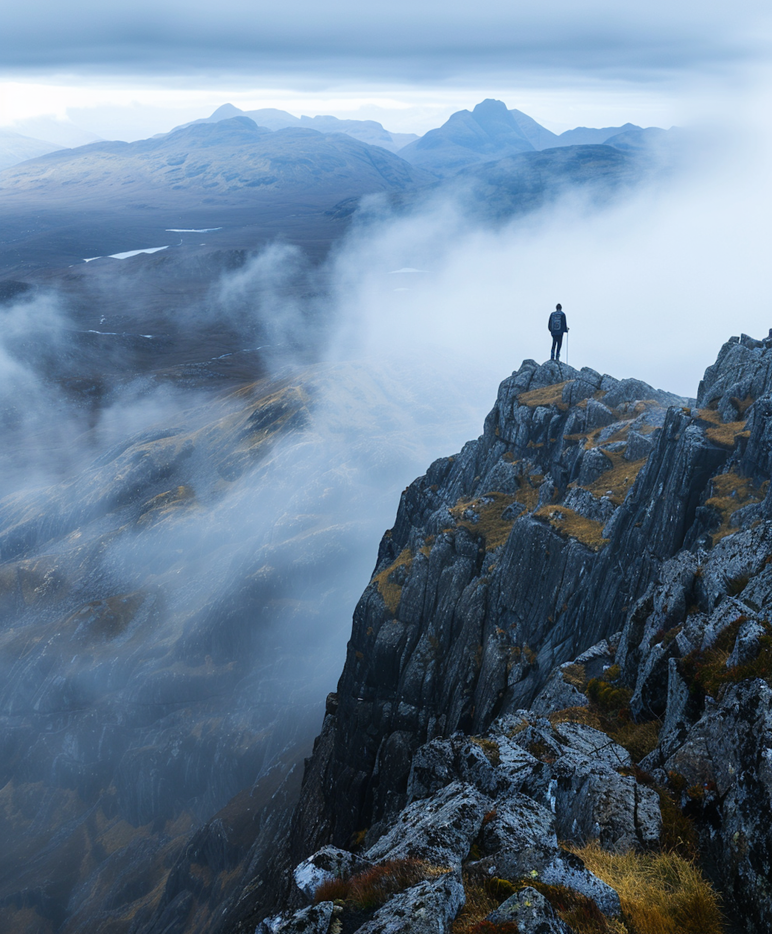 Solitary Figure Amidst Misty Mountains