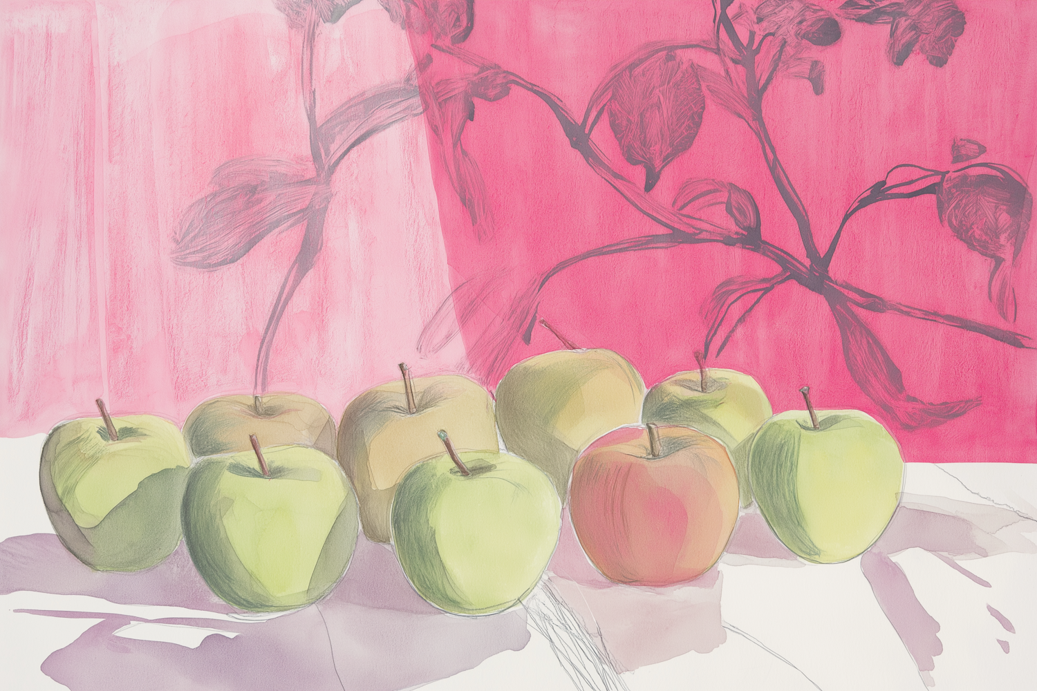 Green Apples on Pink Background