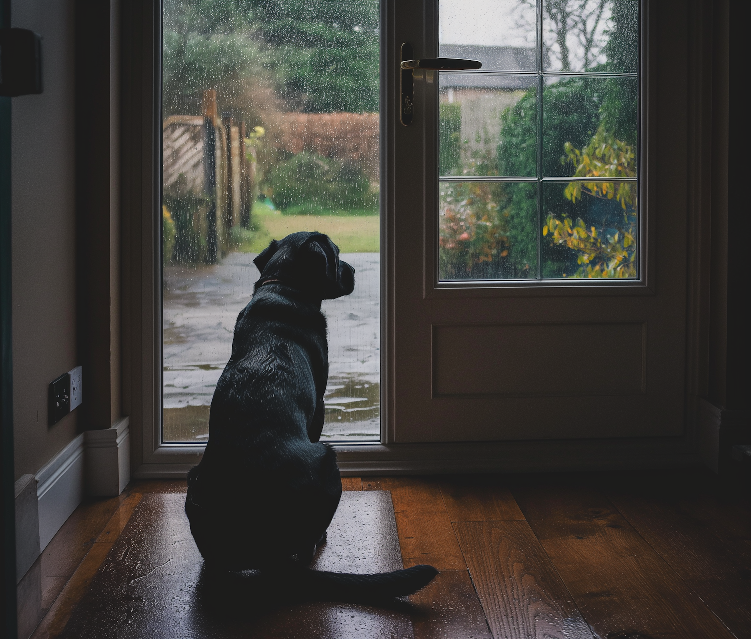 Contemplative Canine in the Rain