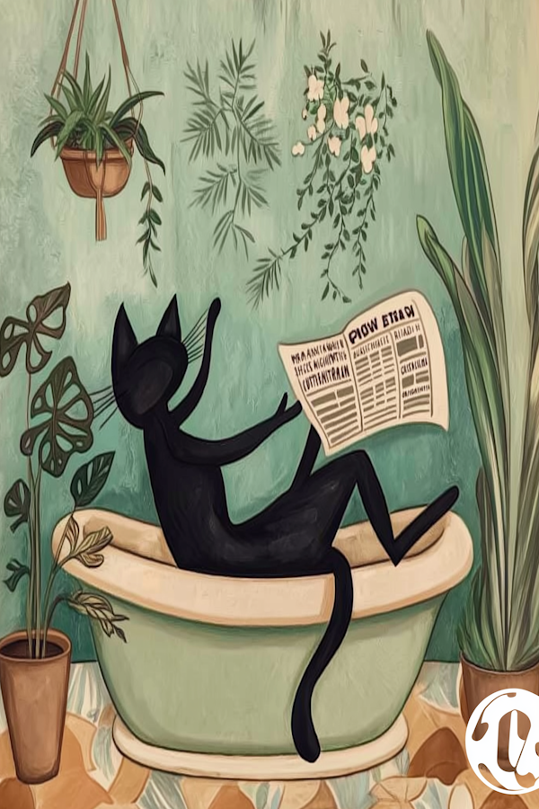 Whimsical Cat in Green Bathtub