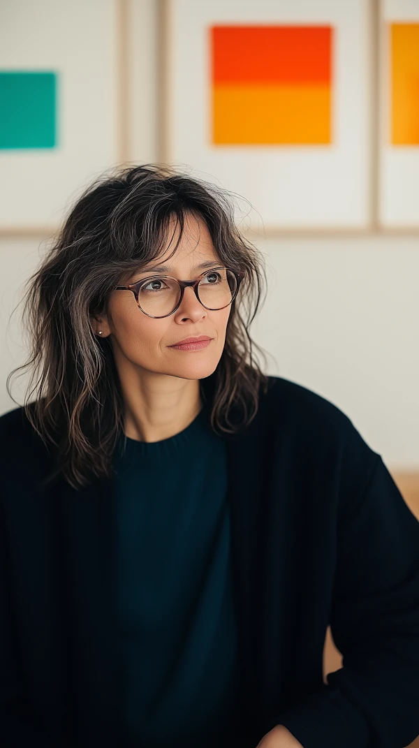 Contemplative Woman with Art Background