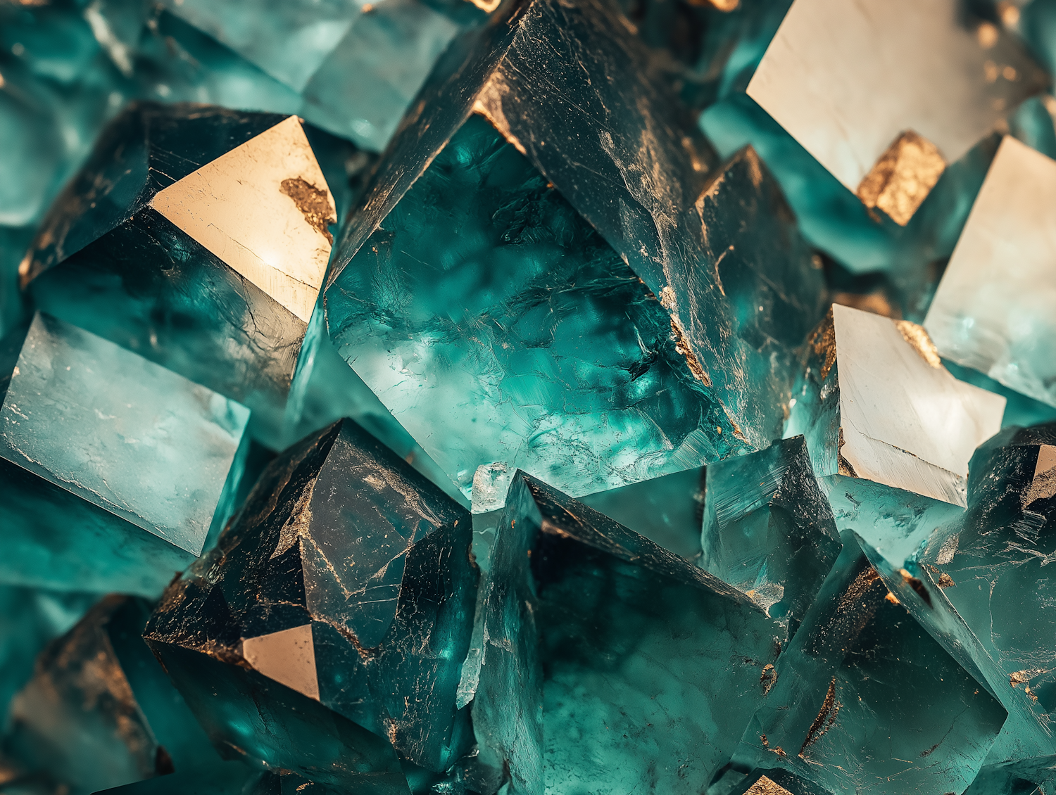 Teal-Blue Crystalline Structures with Golden Accents