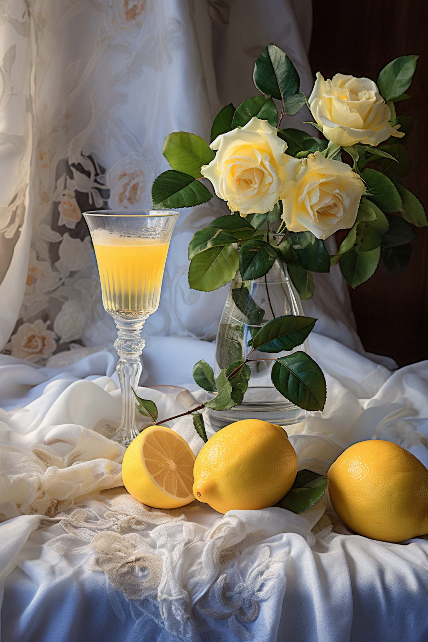 Elegance in Creamy Yellow: Roses, Lemons, and a Summer Drink Still Life