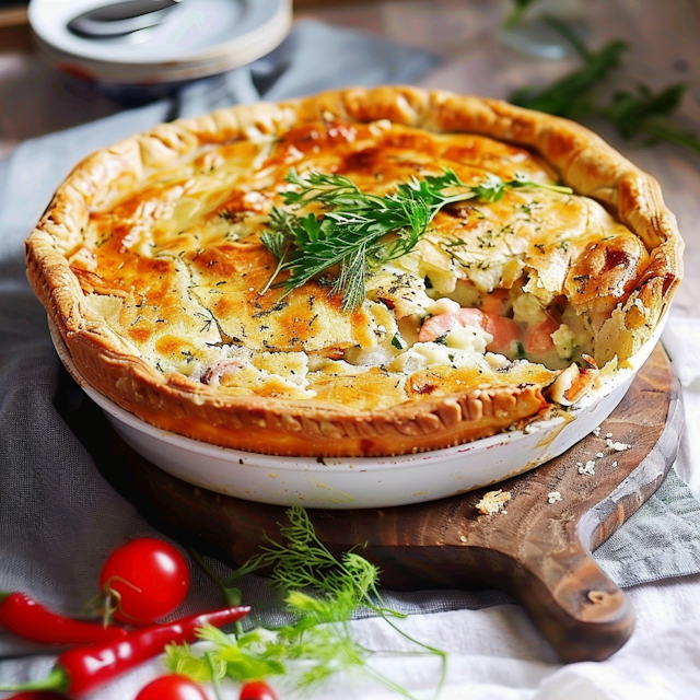 Rustic Seafood Pie on Wooden Board