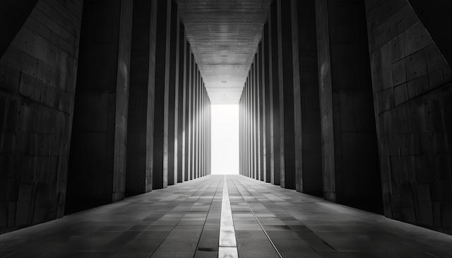 Symmetrical Concrete Pillars Corridor in Monochrome