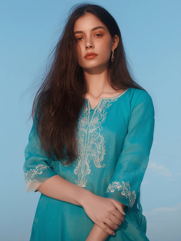 Woman in Turquoise Attire
