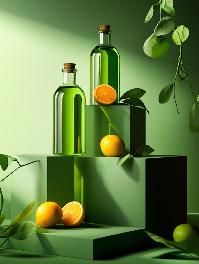 Green Bottles with Citrus Fruits