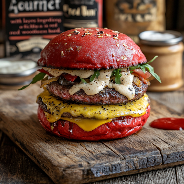 Gourmet Red Bun Burger on Rustic Tabletop