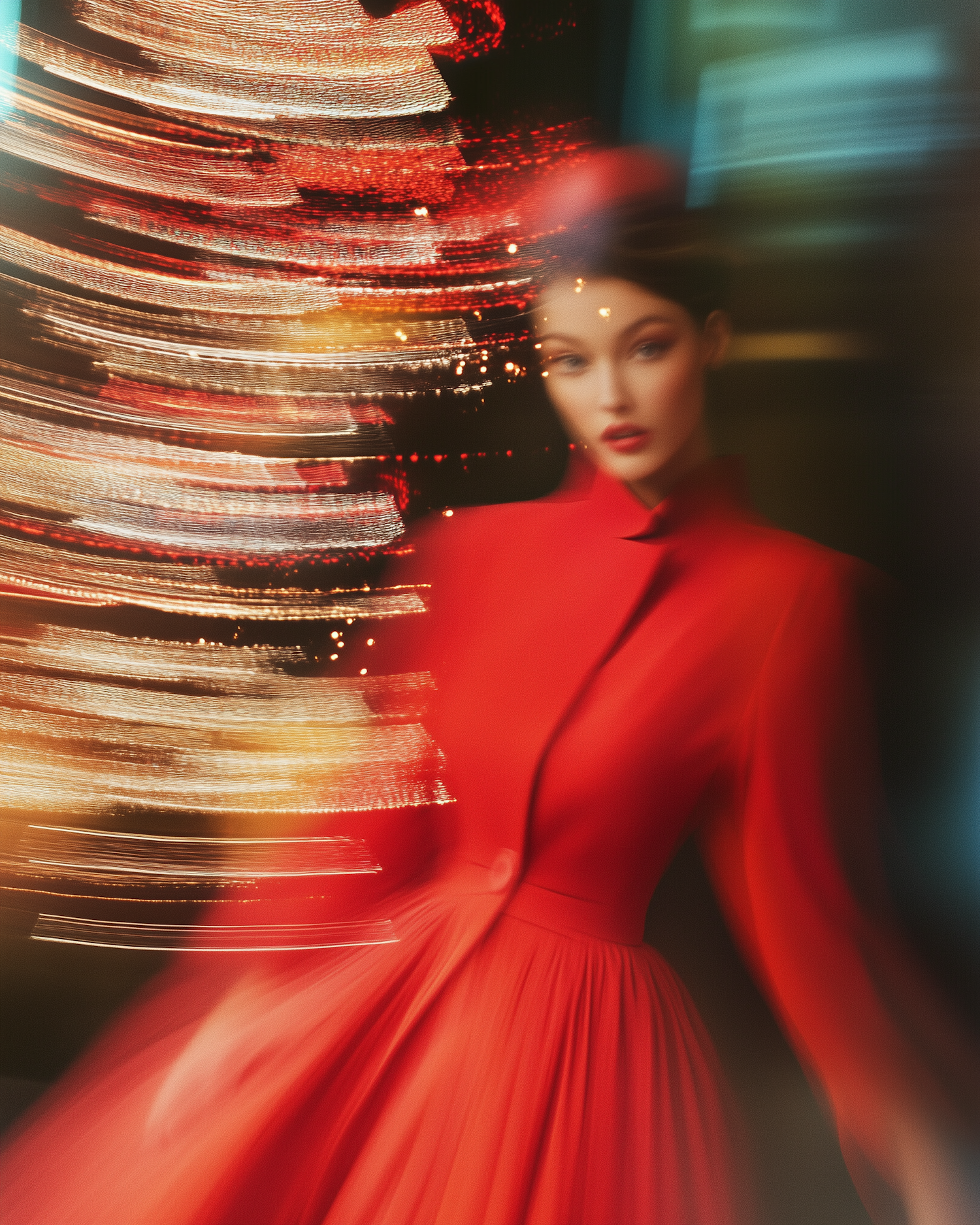 Elegant Red Attire with Swirling Lights