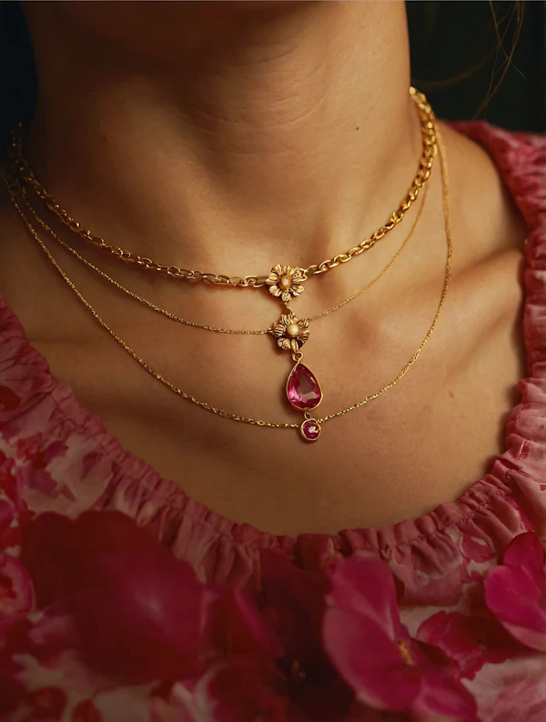 Layered Necklaces with Pink Gemstone