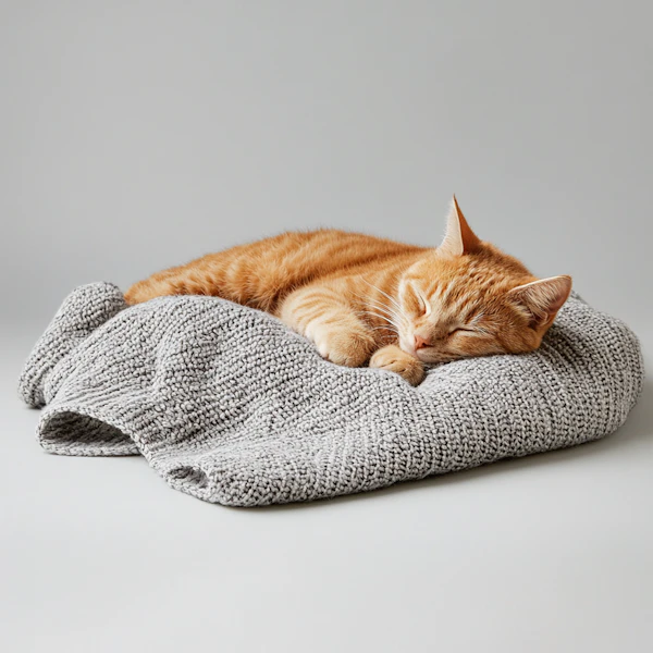 Sleeping Ginger Cat on Knitted Blanket
