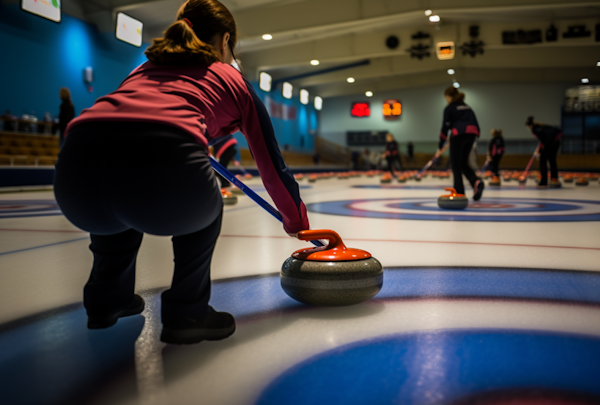 Focused Female Curler Delivering Orange Stone