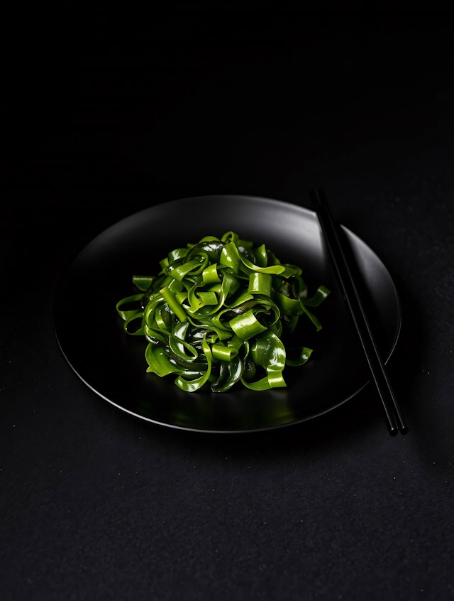 Seaweed Noodles on Black Plate