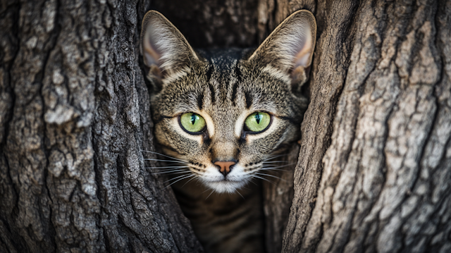 Curious Tabby Cat in Tree