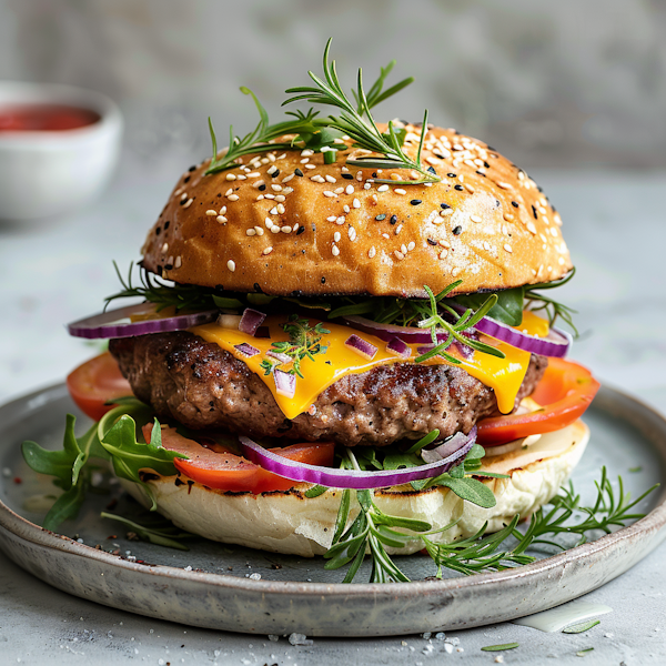 Gourmet Burger on Rustic Plate