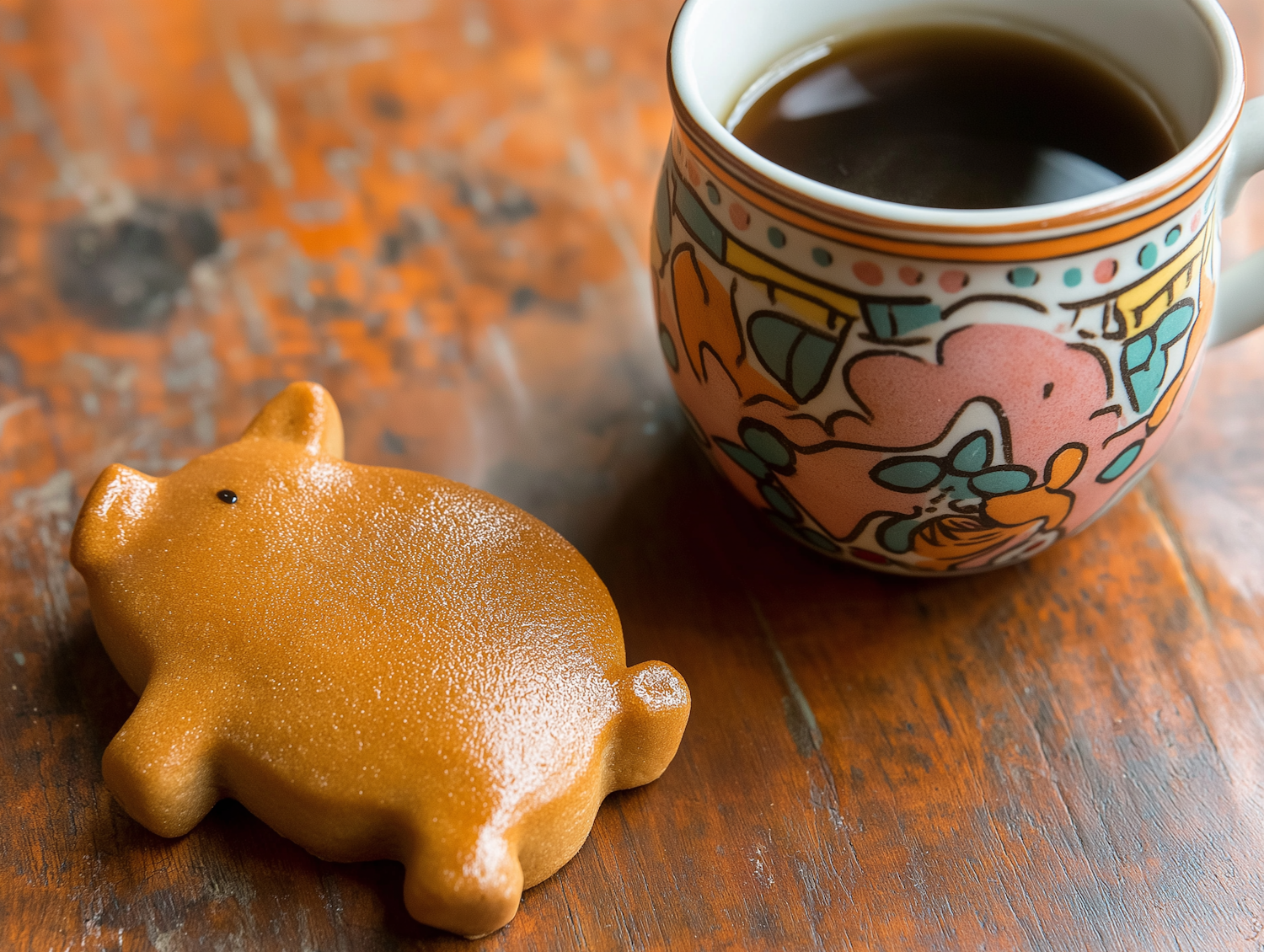 Charming Scene with Ceramic Pig Cookie and Coffee