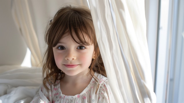 Child Peeking Through Curtains