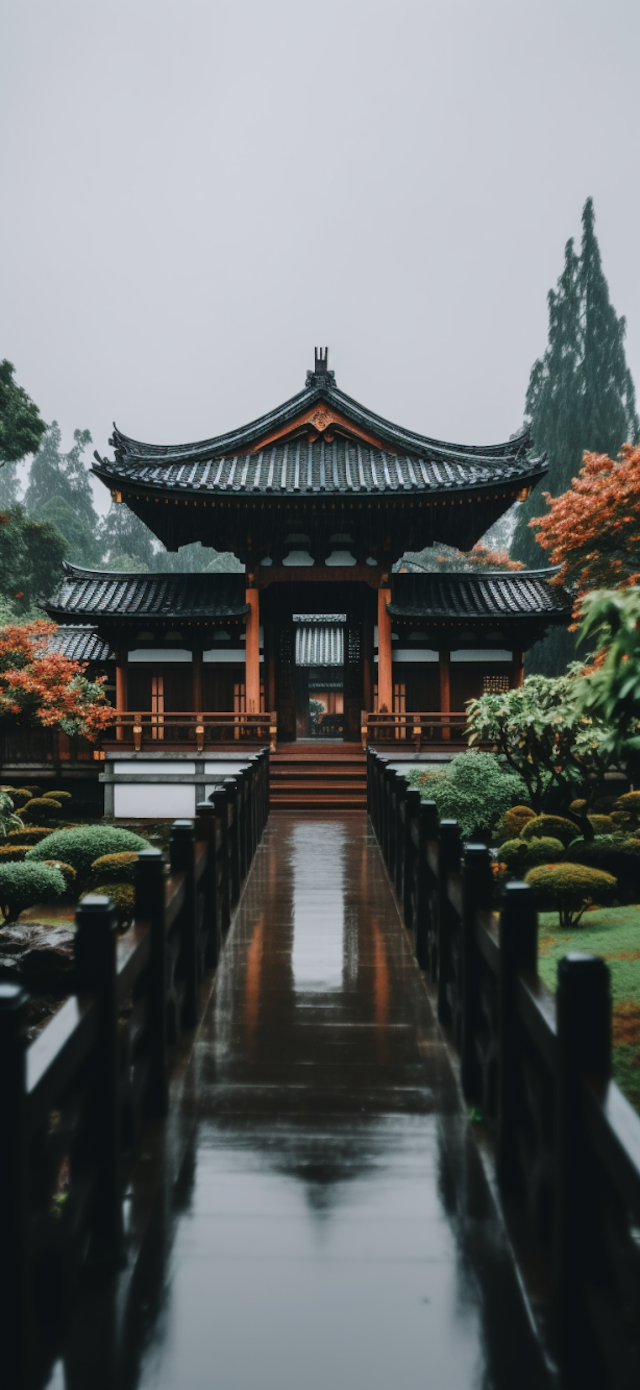 Serene East Asian Pavilion amid Rainfresh Landscape