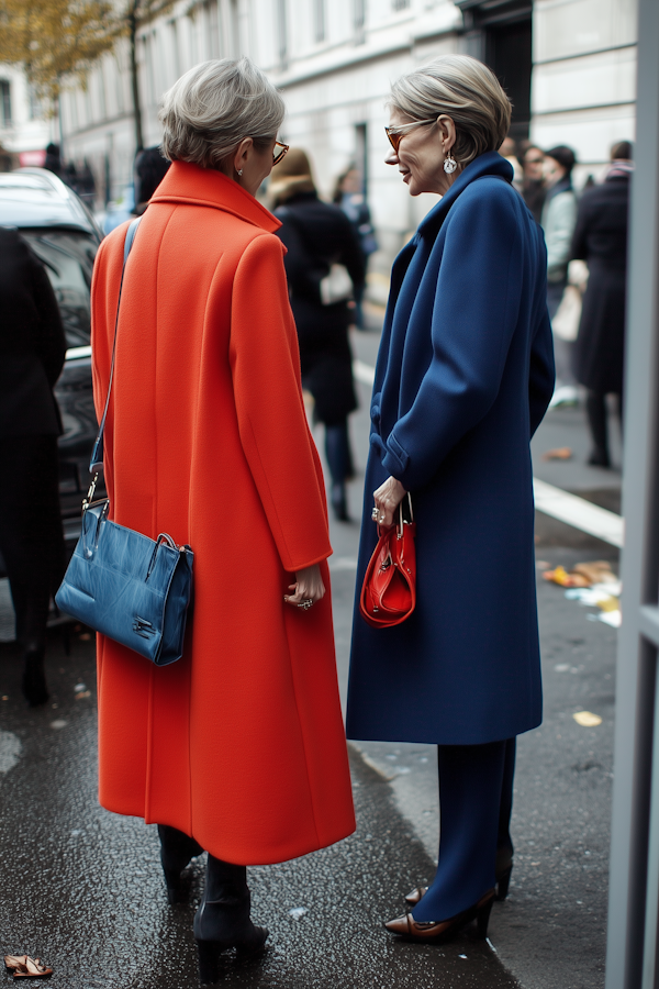 Two Women in Stylish Coats on City Street