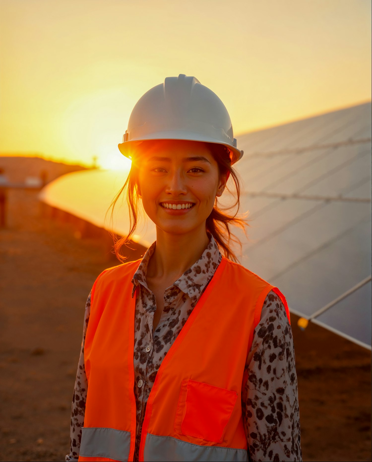 Woman in Safety Gear with Solar Panels