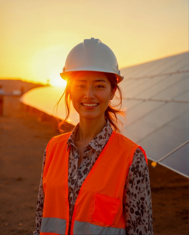 Woman in Safety Gear with Solar Panels