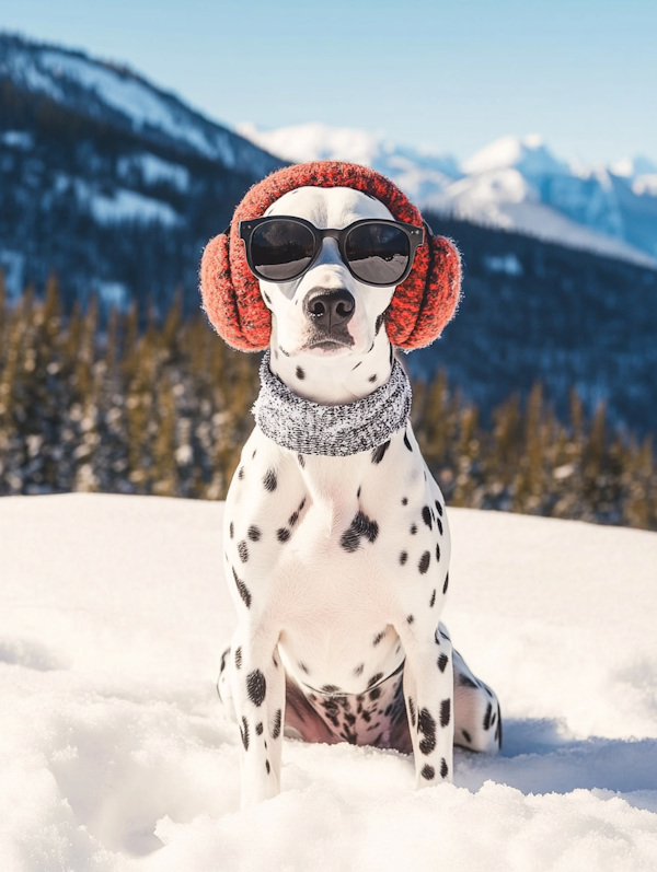 Dalmatian in Snow with Earmuffs