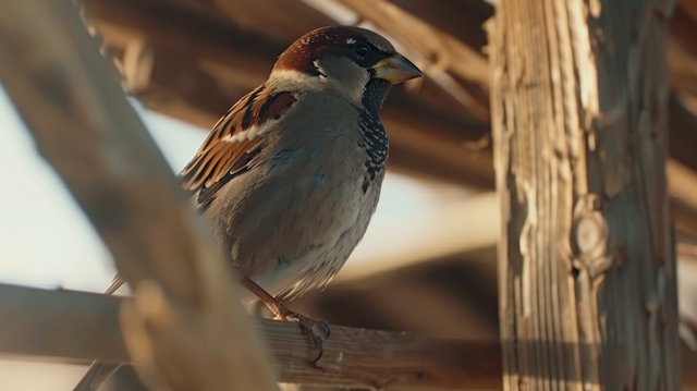 Sparrow on Wooden Structure