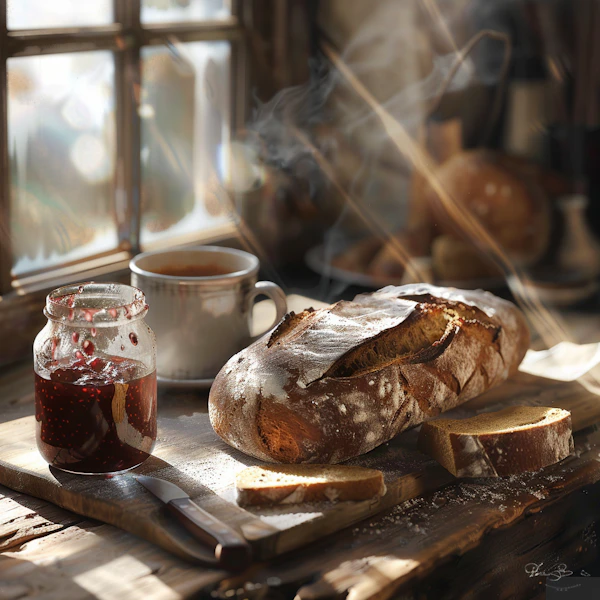 Rustic Kitchen Scene with Freshly Baked Bread