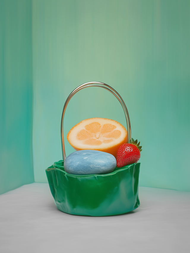 Green Basket with Fruits and Stone