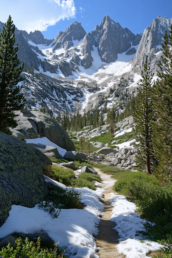 Mountainous Landscape with Snow and Pine Trees