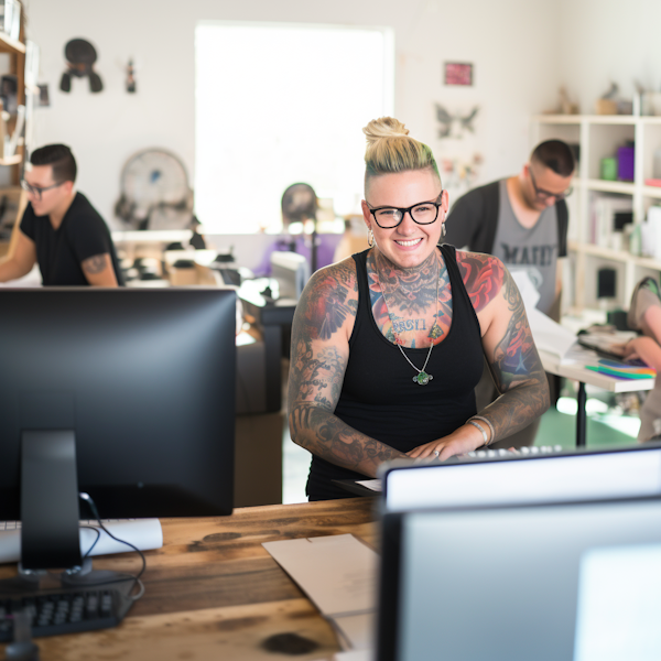 Cheerful Tattooed Professional in a Creative Workspace