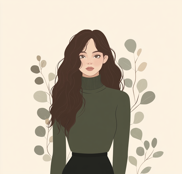 Serene Woman in Green Turtleneck Illustration