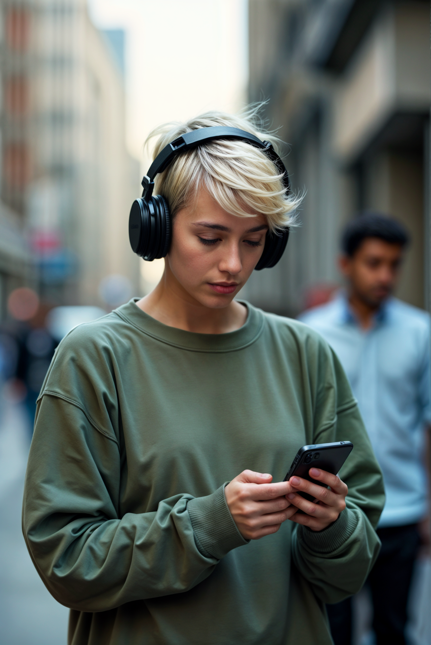 Young Person with Headphones in Urban Setting