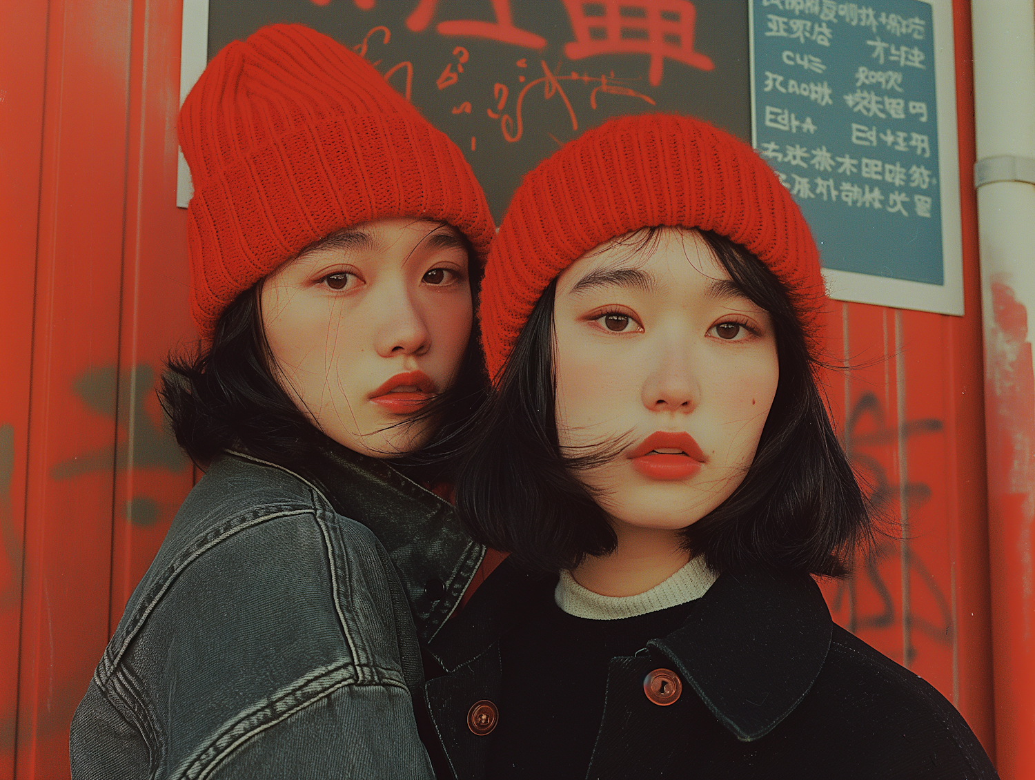 Serene Portrait of Two Women in Red Beanies