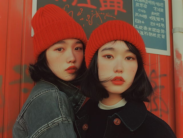 Serene Portrait of Two Women in Red Beanies