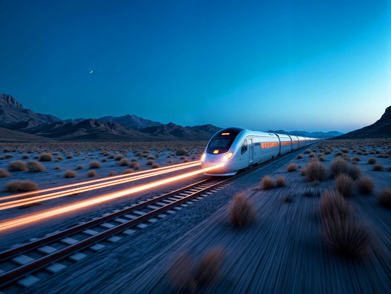 Futuristic Train in Desert at Dusk