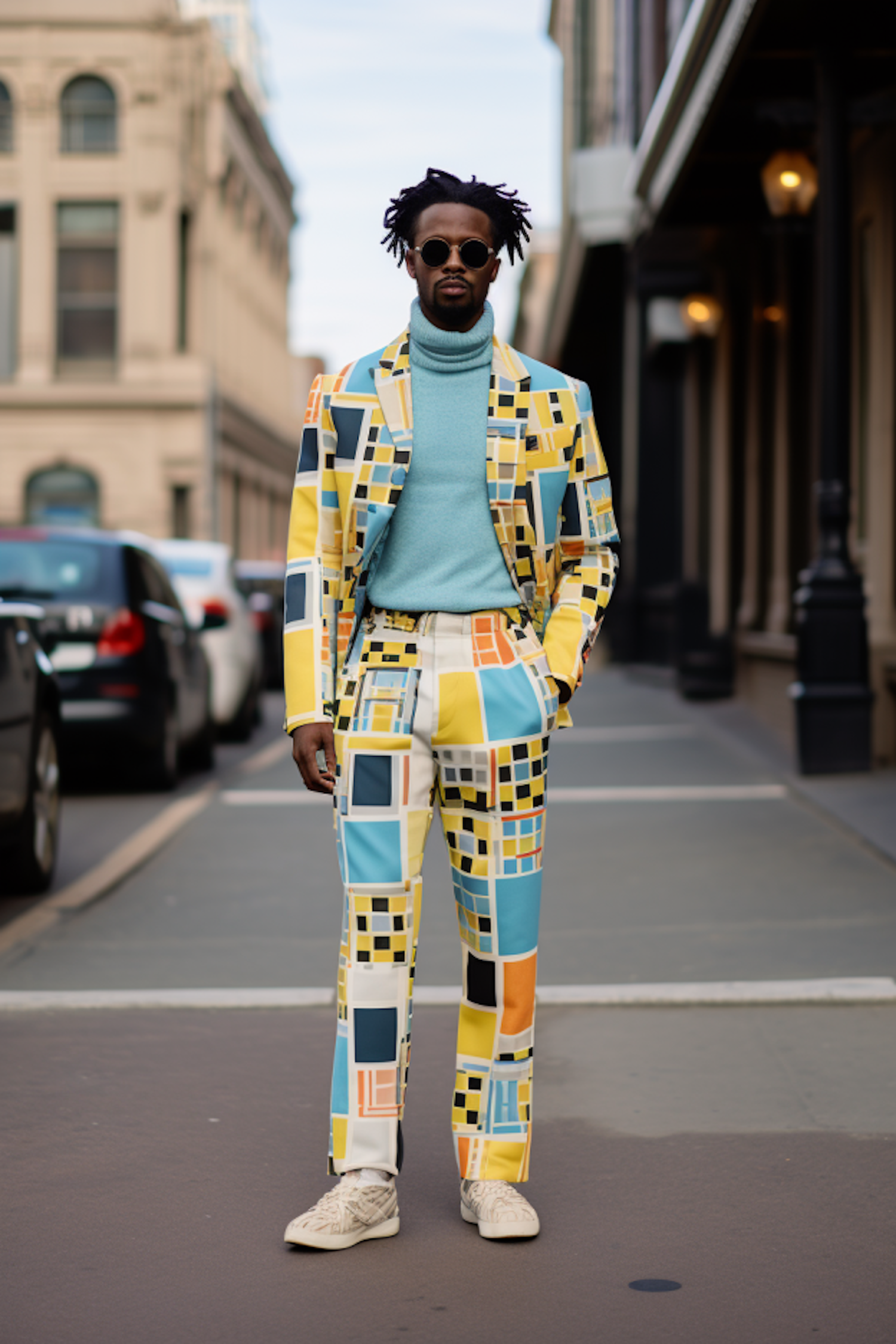 Confident Man in Colorful Geometric Suit